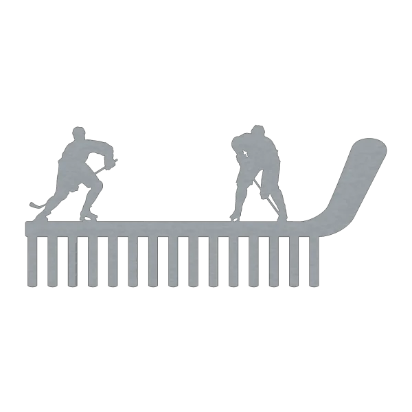 Steel medal holder shaped like a hockey stick, featuring two hockey players on top. Includes 15 hooks for hanging medals or items.